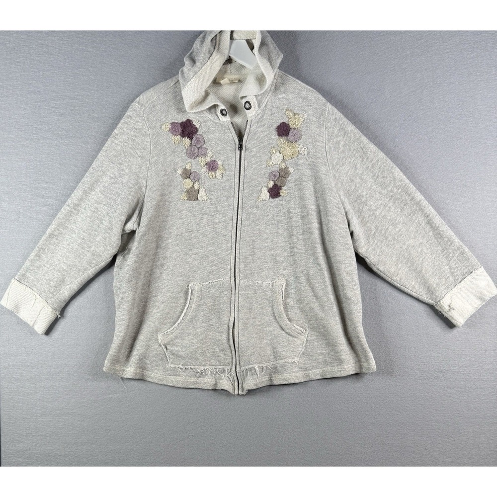 Style & Co Full Zip Hoodie Women 1X Gray Raw Hem Floral Embroidered Feminine